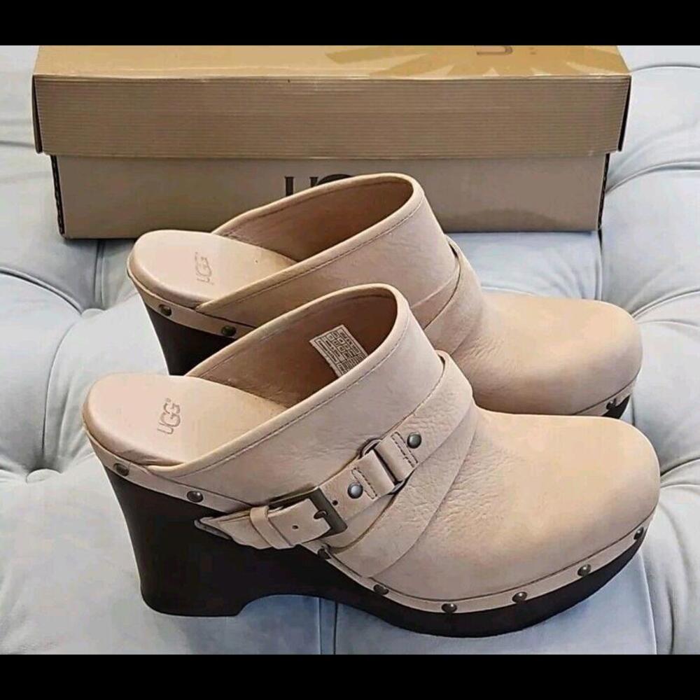 UGG Natalee Beige Leather Buckle Slip On Studded Platform Mules Womens Shoes 11 - Picture 2 of 15